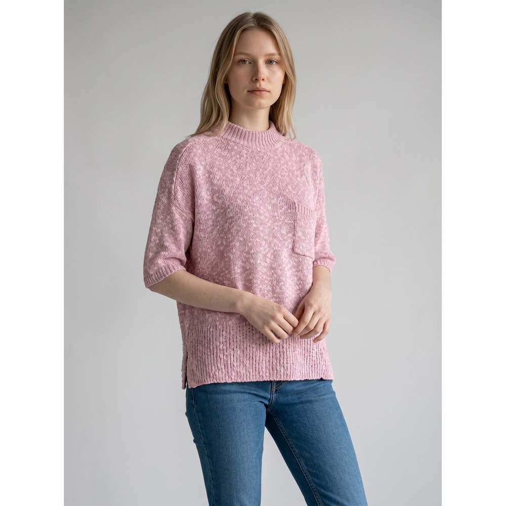 Crystal Sportswear Pink Ramie Cotton Mock Neck Short Sleeve Sweater Vintage SM